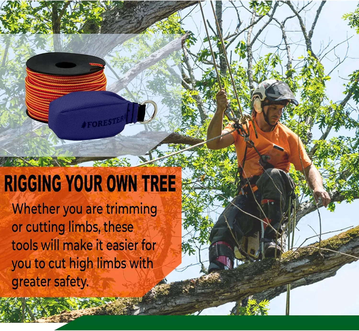 FORESTER Arborist Throw Line Kit - Ultra Slick 100% Polyester Rope with Weighted Throw Bag | Forestry Tree Gear for Low and High Limb Throwing | 3/16 Inch Thick Rope