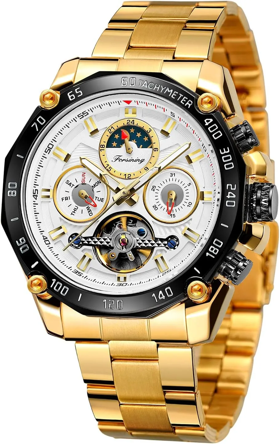 FORSINING Men's Luxury Mechanical Calendar Moon Phase Luminous Self Winding Dress Watch