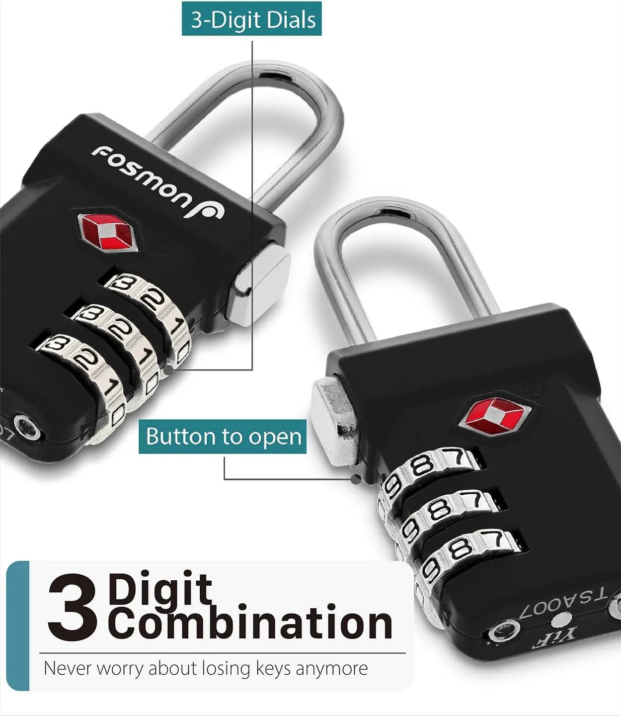 Fosmon TSA Approved Luggage Locks, Suitcase Travel Lock with Push Release Button for Extra Security, 3 Digit Combination Padlock for Gun Case Backpack Zipper Anti Theft Gym Locker - Black, 3 Pack