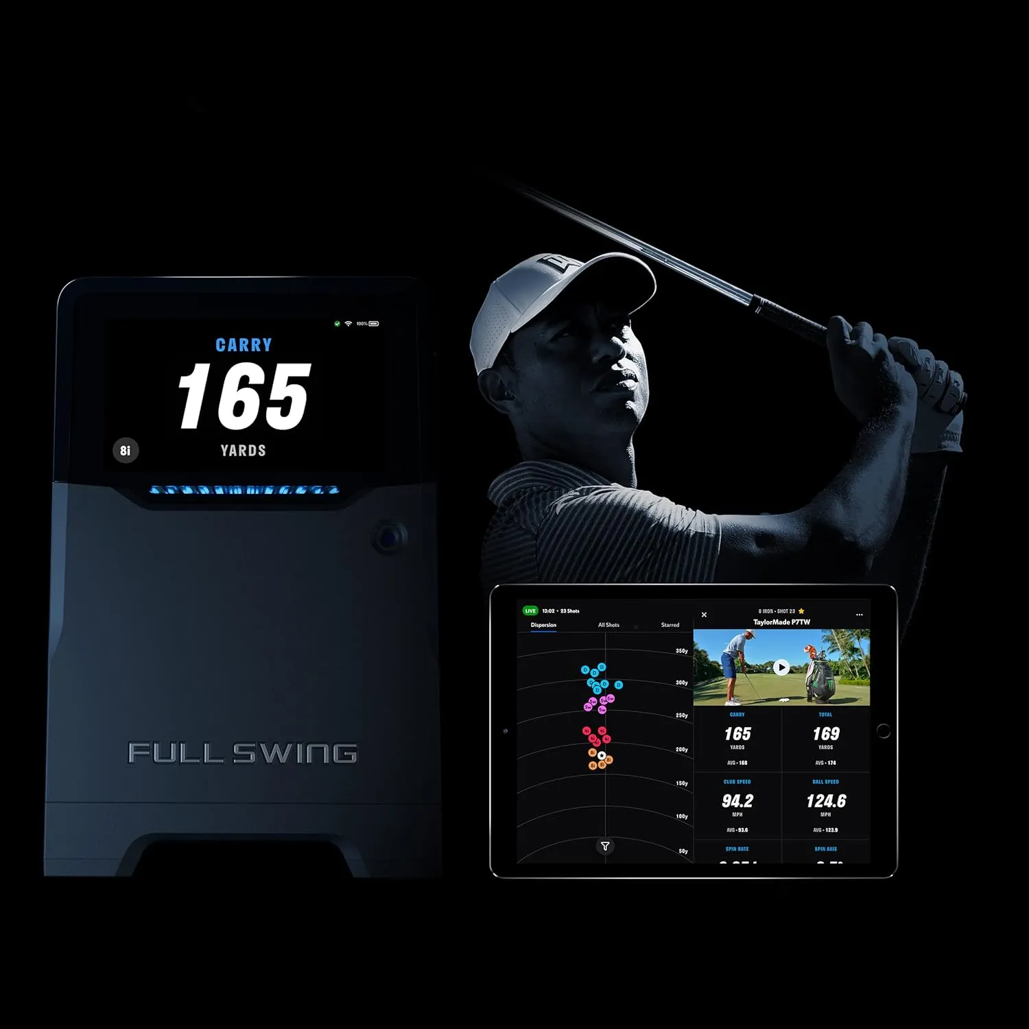 Full Swing KIT Golf Launch Monitor with Dark Energy Spectre 18W Solar Panel and Signature Series Kit