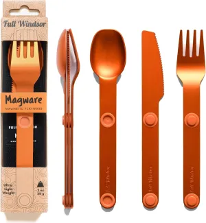 FULL WINDSOR - MAGWARE Magnetic Camping Cutlery Set - Travel Utensils for Camping, Cooking, and Dining - Knife, Fork & Spoon - Portable Silverware with Pouch - Fathers Day Gifts - Orange (3 PCS)