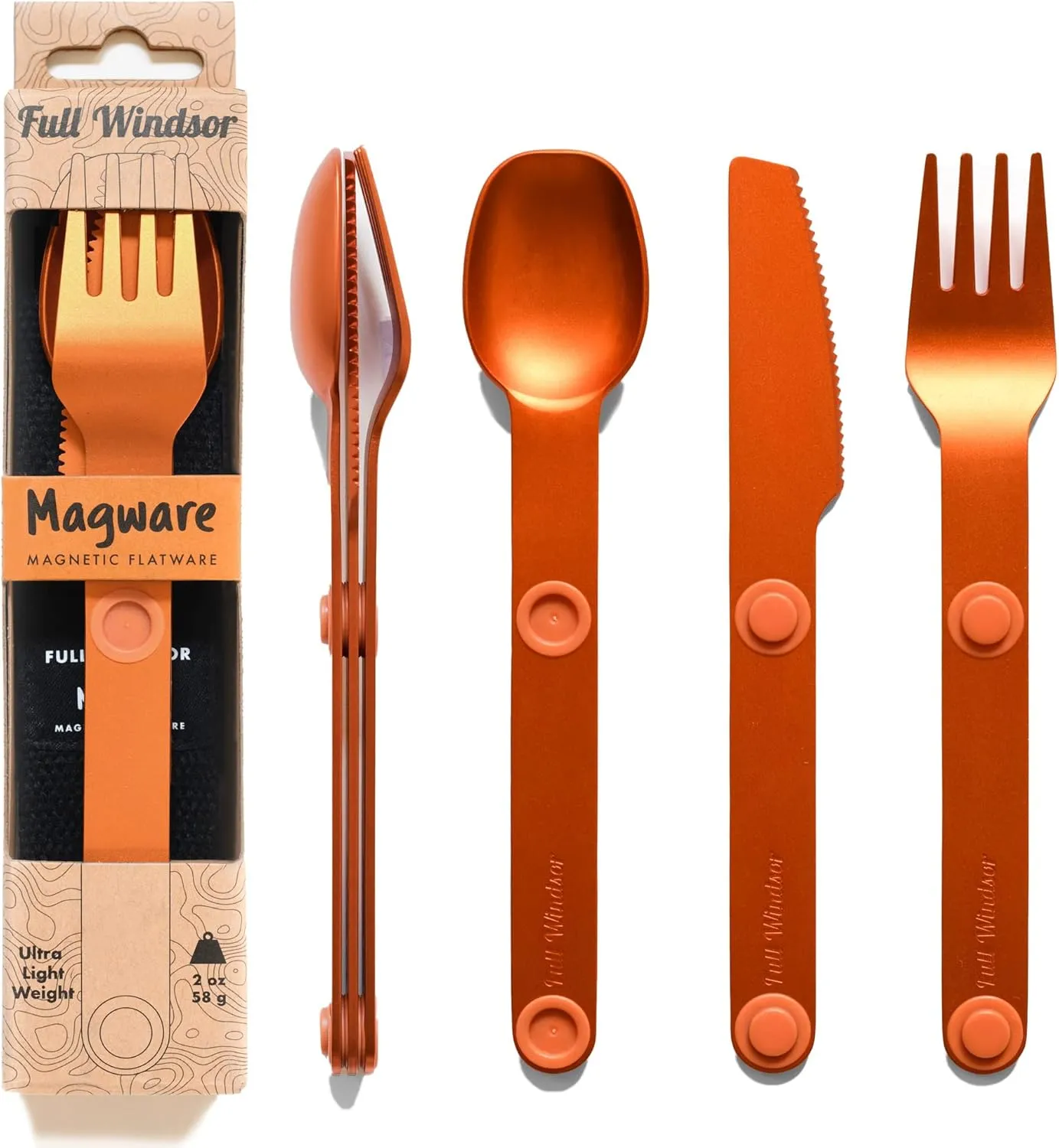 FULL WINDSOR - MAGWARE Magnetic Camping Cutlery Set - Travel Utensils for Camping, Cooking, and Dining - Knife, Fork & Spoon - Portable Silverware with Pouch - Fathers Day Gifts - Orange (3 PCS)