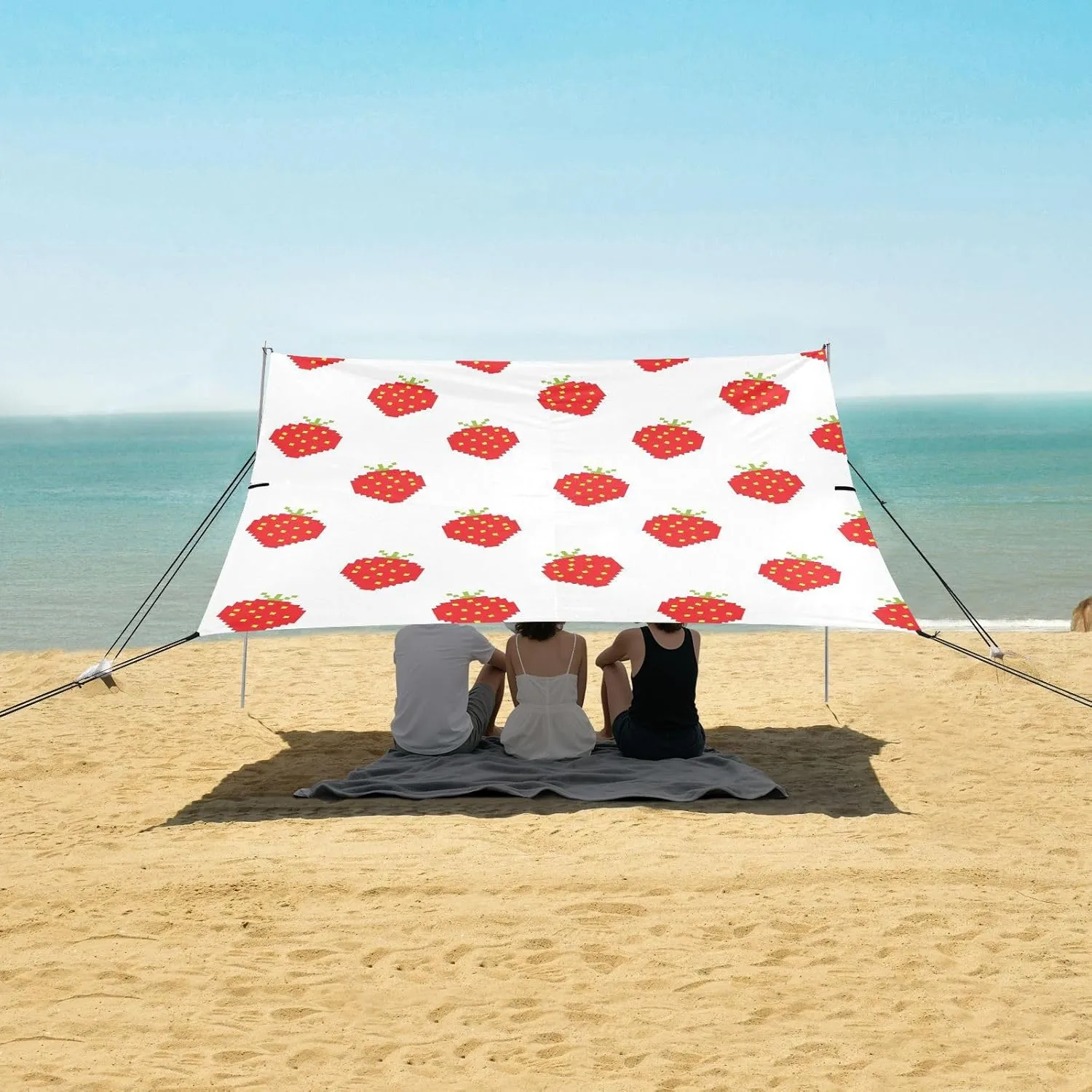 Funny Pixel Strawberry Beach Canopy Tent Anti-UV & Wind Resistant, Camping Sun Shelter Easy Setup Portable,Outdoor Shade Tents with Sandbags,Sand Shovels,Ground Pegs & Stability Poles