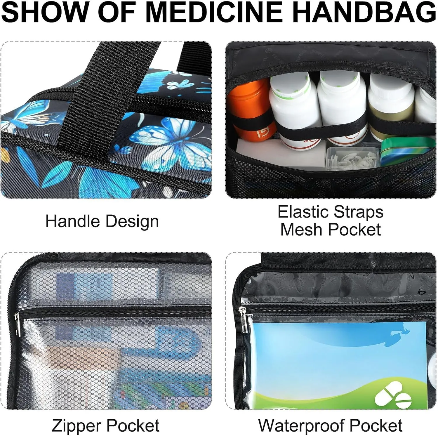 Fustylead Beautiful Bright Blue Butterflies and Floral Large Medical Supplies Organizer Bag with Zipper Empty First Aid Bag Trauma Kit for Traveling Hiking Camping