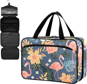Fustylead Cute Pink Flamingo and Tropical Floral Leaves Empty Travel First Aid Bag Large Home Medication Bag with Zipper for Pills,Vitamin,Fish Oil,Supplements for Women and Men