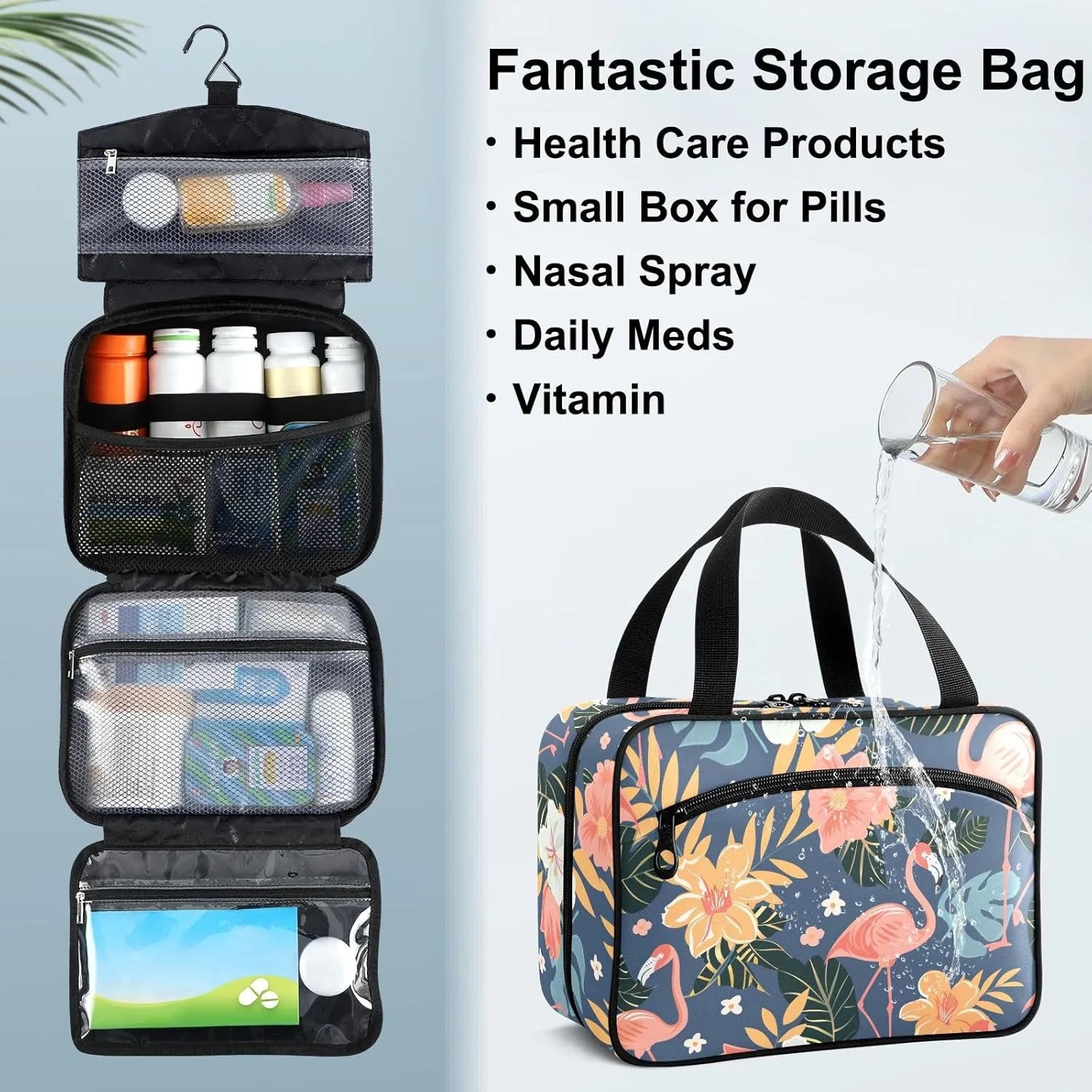 Fustylead Cute Pink Flamingo and Tropical Floral Leaves Empty Travel First Aid Bag Large Home Medication Bag with Zipper for Pills,Vitamin,Fish Oil,Supplements for Women and Men