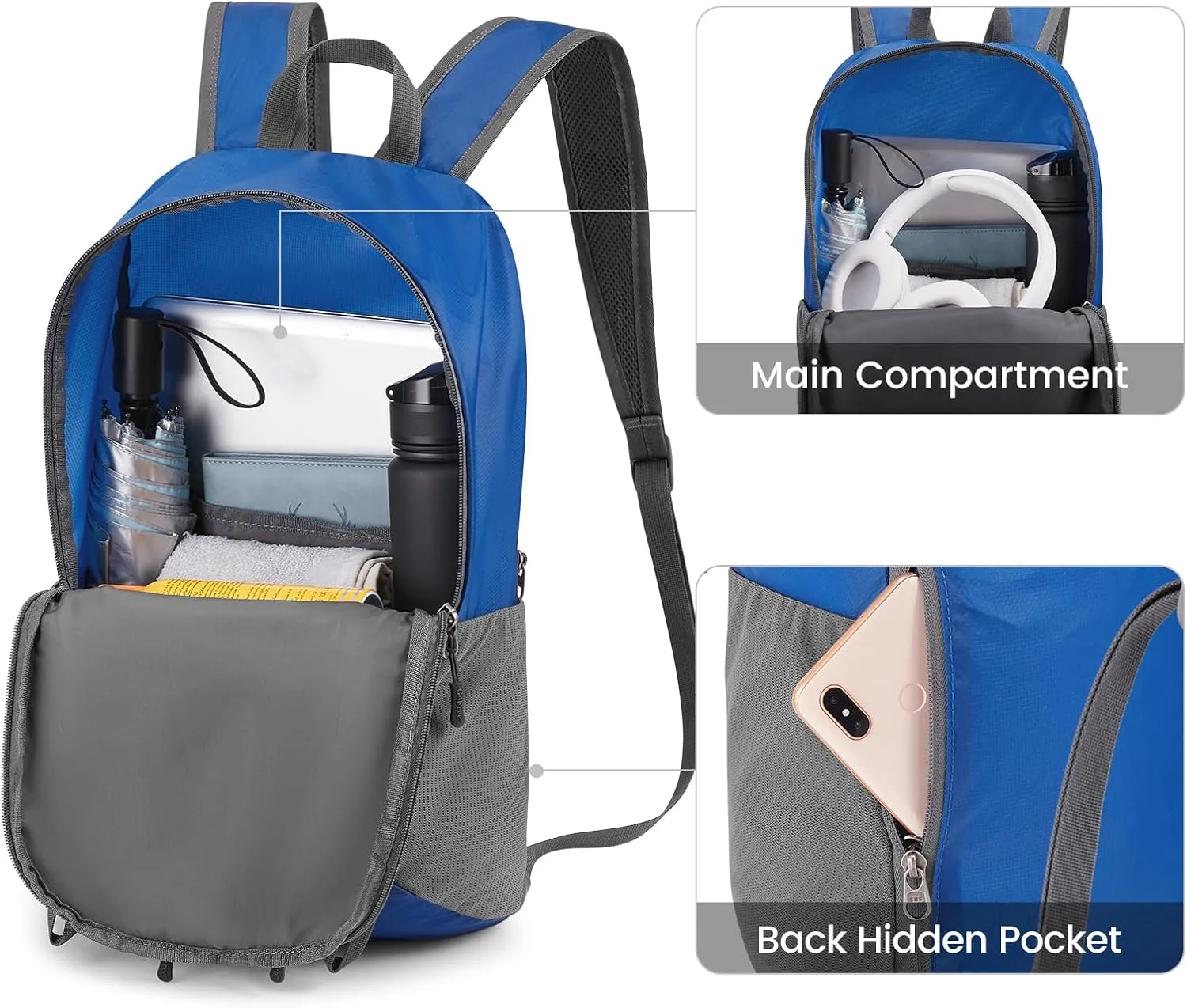 G4Free 24L Packable Hiking Backpack Lightweight Foldable Small Sport Travel Daypack Water Resistant for Women Men（Blue）