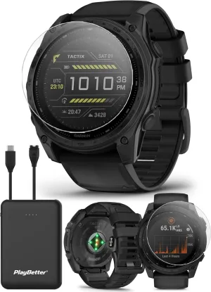 Garmin tactix 8 Solar: AB Elite (51mm) Premium Tactical GPS Smartwatch Bundle - Applied Ballistics Ultralight Solver, Built-in LED Flashlight with PlayBetter Portable Charger & HD Screen Protectors