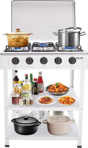 Gas Stove Portable LNG Stove 5 Burner, with Support Leg Stand and Wind Blocking Cover Adapter Manual Ignition Camping Stove for Home Outdoor Cooking Gas Stove (White)