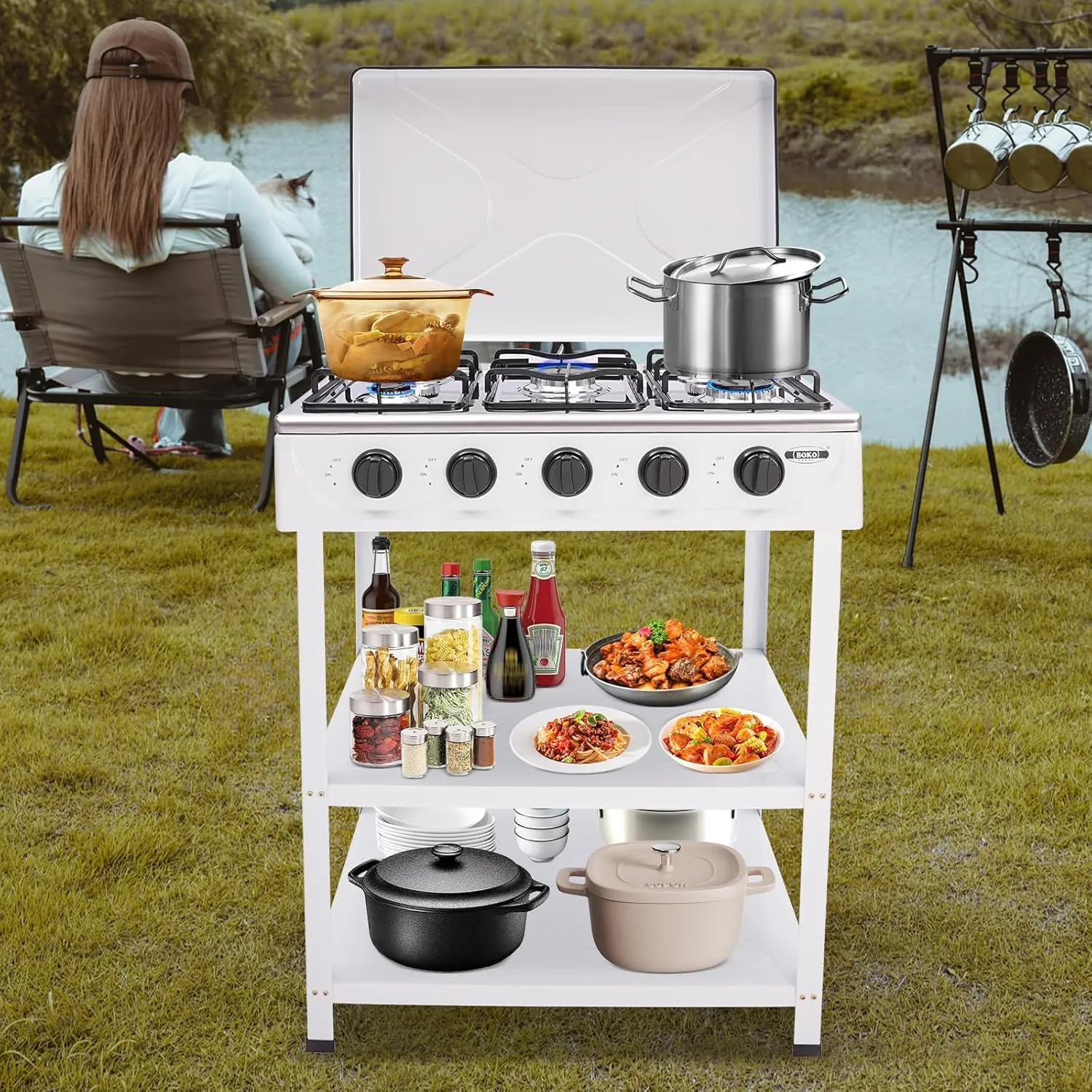 Gas Stove Portable LNG Stove 5 Burner, with Support Leg Stand and Wind Blocking Cover Adapter Manual Ignition Camping Stove for Home Outdoor Cooking Gas Stove (White)
