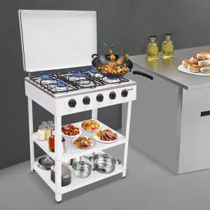 Gas Stove Portable Stove 5 Burner, with Support Leg Stand and Wind Blocking Cover Adapter Manual Ignition Camping Stove, for Home, Apartment, Outdoor Cooking, White(NO Hose)