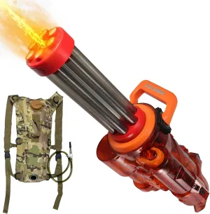 Gatling Electric Water Gun with Rotating Barrel and LED Light, Water Storage Backpack and Clamping Water Tank, 28-32ft Shooting Range, Toy Water Gun for Outdoor Pool Adult and Kids 8-12 Ages (Orange)