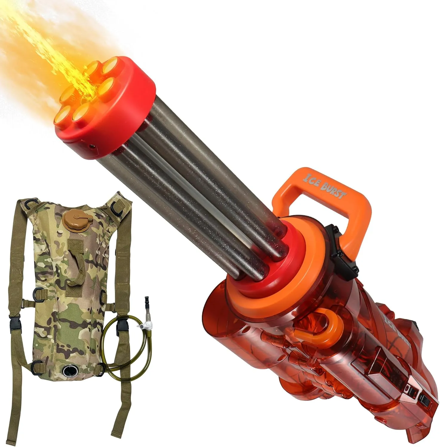 Gatling Electric Water Gun with Rotating Barrel and LED Light, Water Storage Backpack and Clamping Water Tank, 28-32ft Shooting Range, Toy Water Gun for Outdoor Pool Adult and Kids 8-12 Ages (Orange)