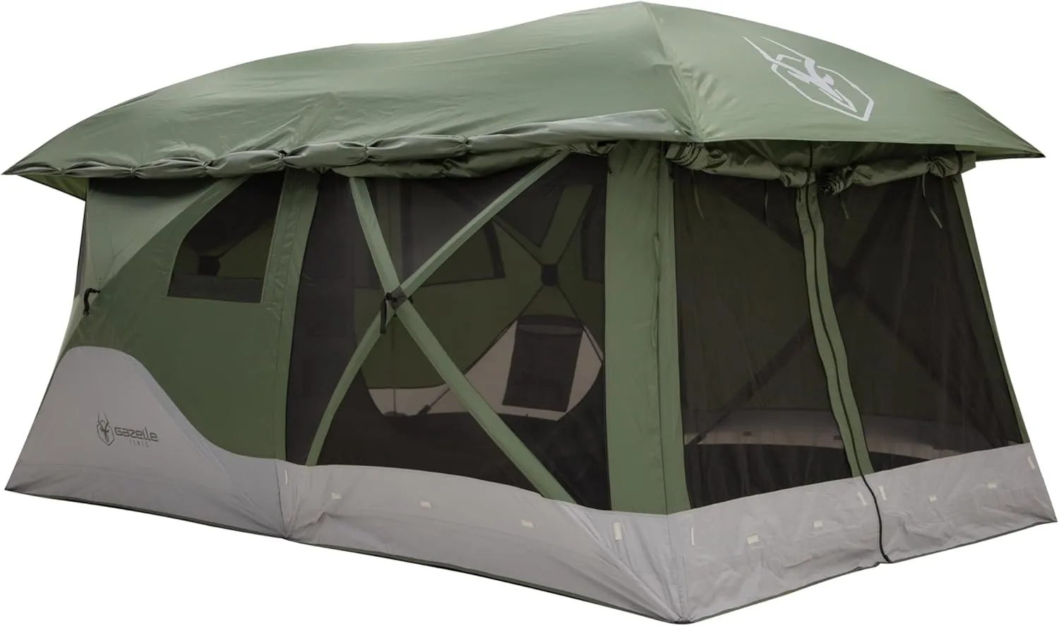 Gazelle Tents™, T4 Tandem Hub Tent, Easy 90 Second Set-Up, Waterproof, UV Resistant, Convertible Screen Room, Removable Floor, 4-8 Person, Alpine Green, 78" x 94" x 165", GT450GR