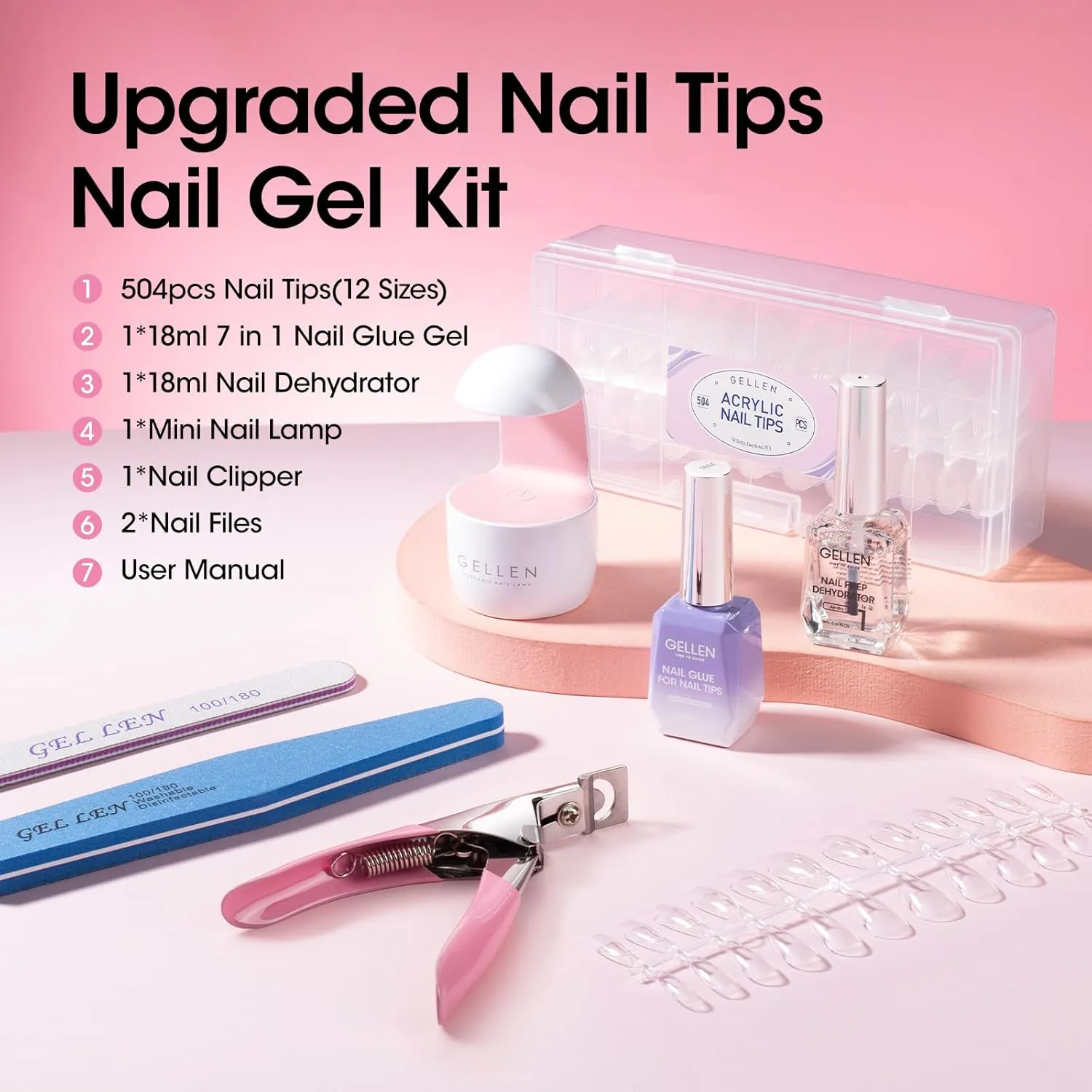 Gellen Gel Nail Kit Nail Extension Set, 504Pcs Short Almond Soft Gel Nail Tips, 7 in 1 UV Nail Glue, Nail Pre Dehydrator, UV LED Nail Lamp, Nail Clipper & Files, DIY Manicure Nail Art Gift
