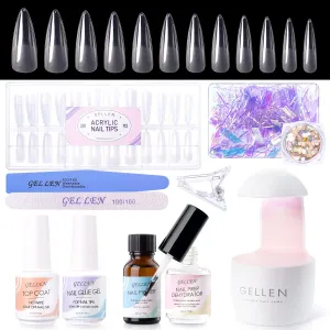 Gellen Gel Nail Kit Stiletto Nail Extension Kit 240pcs Long Almond 12 Sizes Acrylic Nail Tips Kit with Everything Nail Glue Gel U V Nail Lamp for Women Salon Nail Art