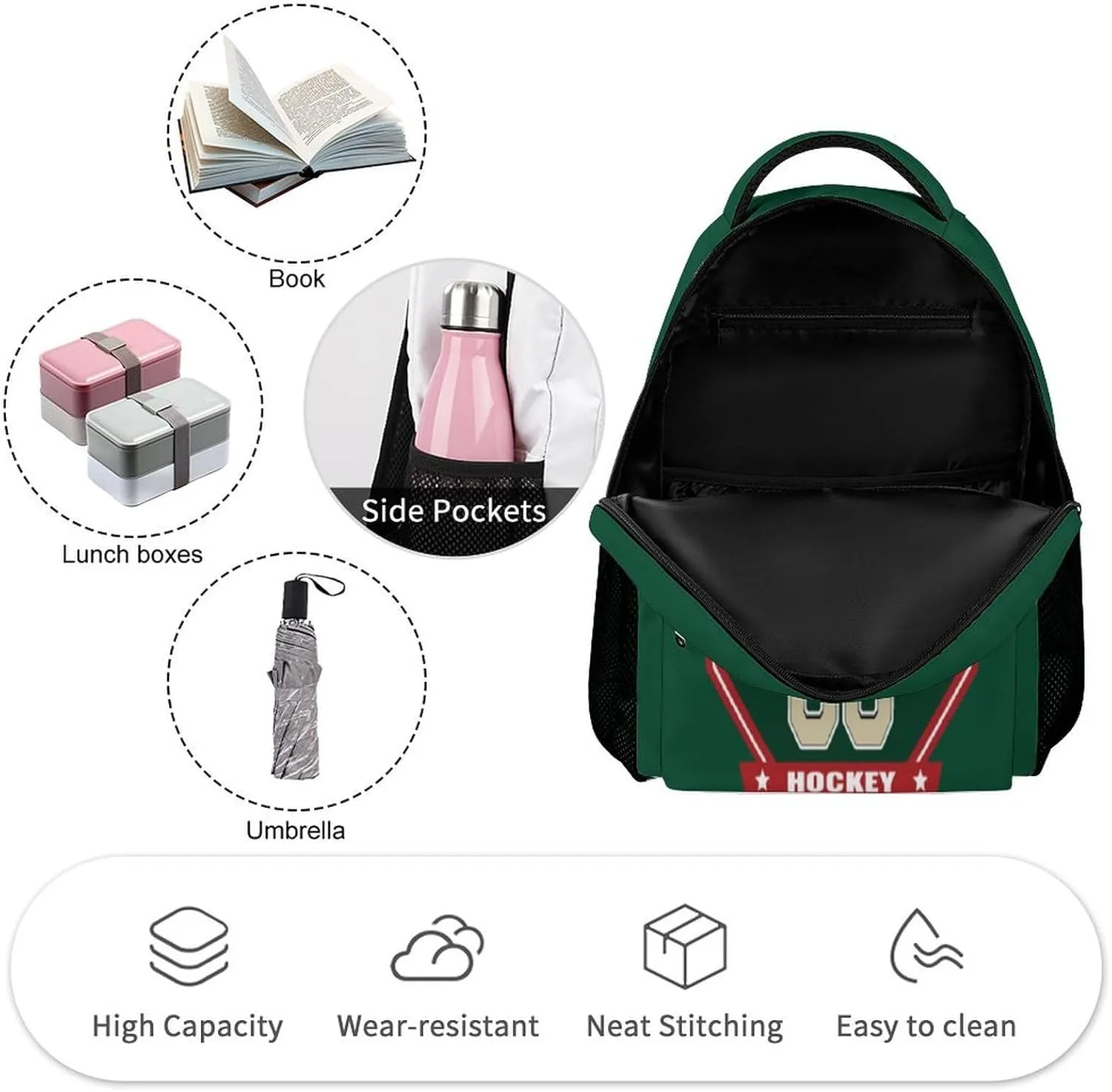 Generic Custom Backpack High Capacity Bag Hockey Fans Gifts for Teenager Men Women, Add Name & Number, Min15-w