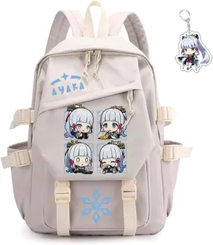 Genshin Impact Backpack Women Men Unisex Scaramouche Rucksack Hu Tao Xiao Bag Kawaii Backpack, Free Keychain (White-Ayaka)