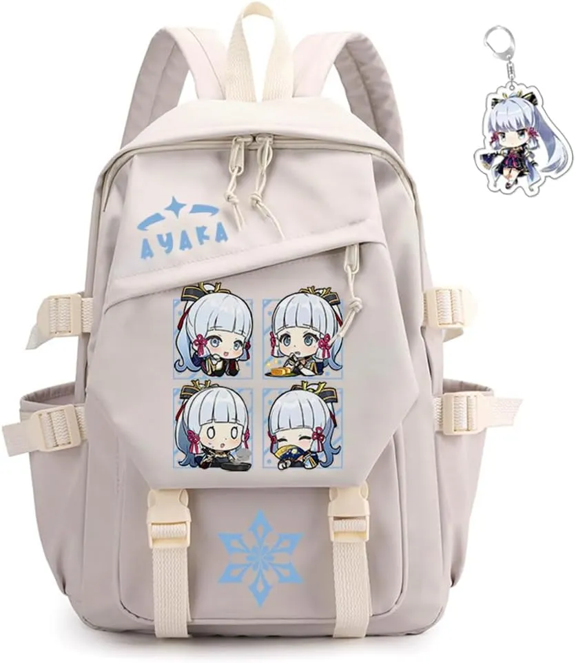 Genshin Impact Backpack Women Men Unisex Scaramouche Rucksack Hu Tao Xiao Bag Kawaii Backpack, Free Keychain (White-Ayaka)
