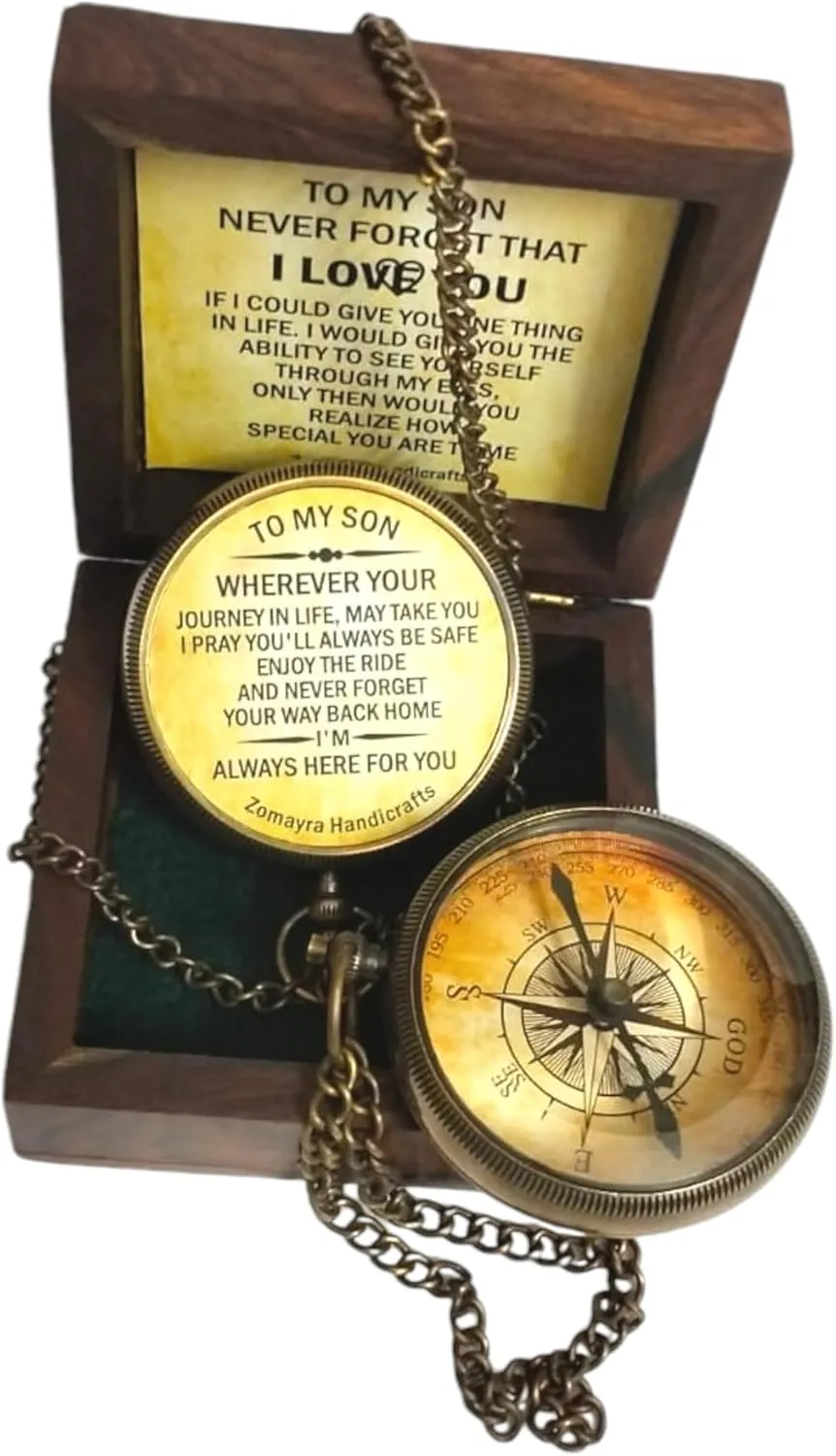 Gift for Son from Mom and Dad – Engraved Brass Compass in Wooden Box – Inspirational Father to Son, Mom to Son Gift for Graduation, Birthday, Baptism, Confirmation, Anniversary – Nautical Keepsake