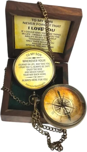 Gift for Son from Mom and Dad – Engraved Brass Compass in Wooden Box – Inspirational Father to Son, Mom to Son Gift for Graduation, Birthday, Baptism, Confirmation, Anniversary – Nautical Keepsake