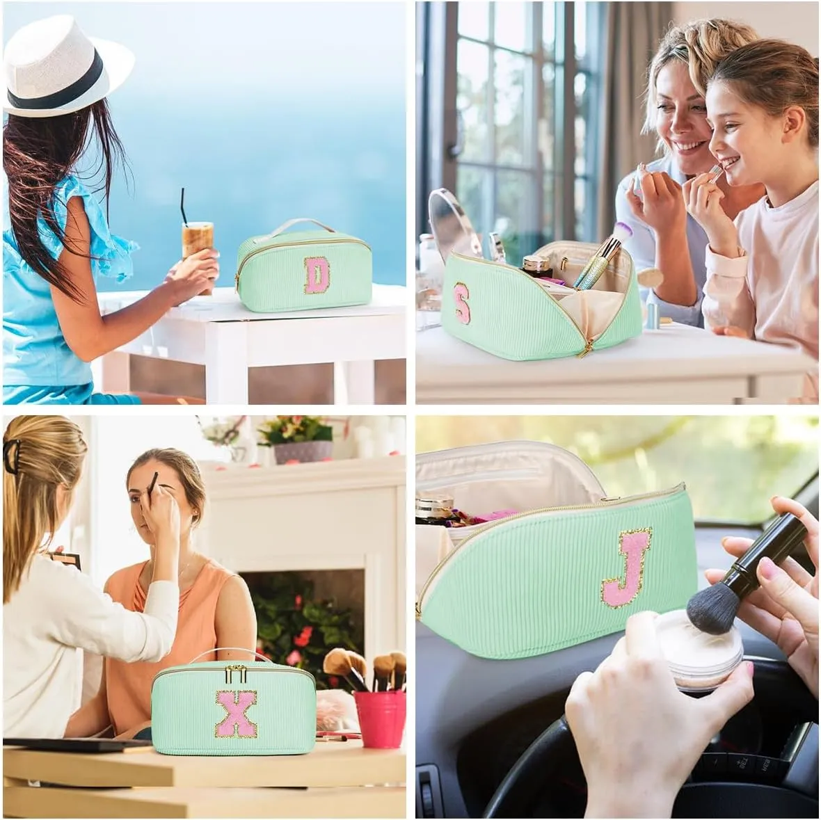 Gifts for Girls, Initial Travel Makeup Bag Women's Day Gift Make up Bag Cosmetic Bags Monther's Day Gifts, Personalized Stuff Bag Cute Makeup Bag Birthday Gifts for Women/Friend/Mother Green - Q