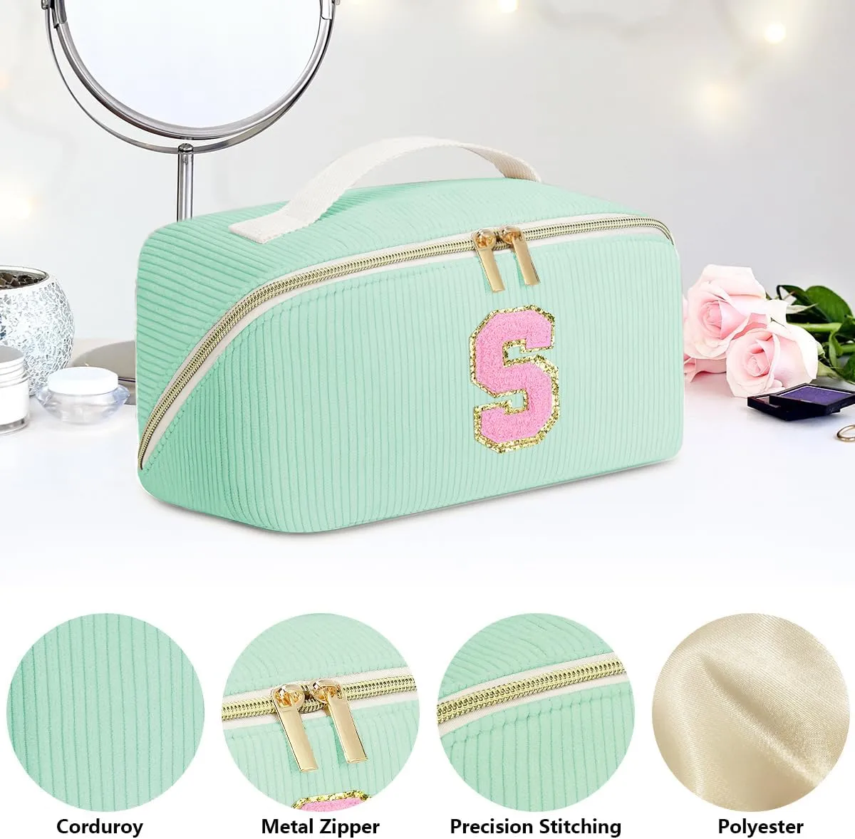 Gifts for Girls, Initial Travel Makeup Bag Women's Day Gift Make up Bag Cosmetic Bags Monther's Day Gifts, Personalized Stuff Bag Cute Makeup Bag Birthday Gifts for Women/Friend/Mother Green - Q