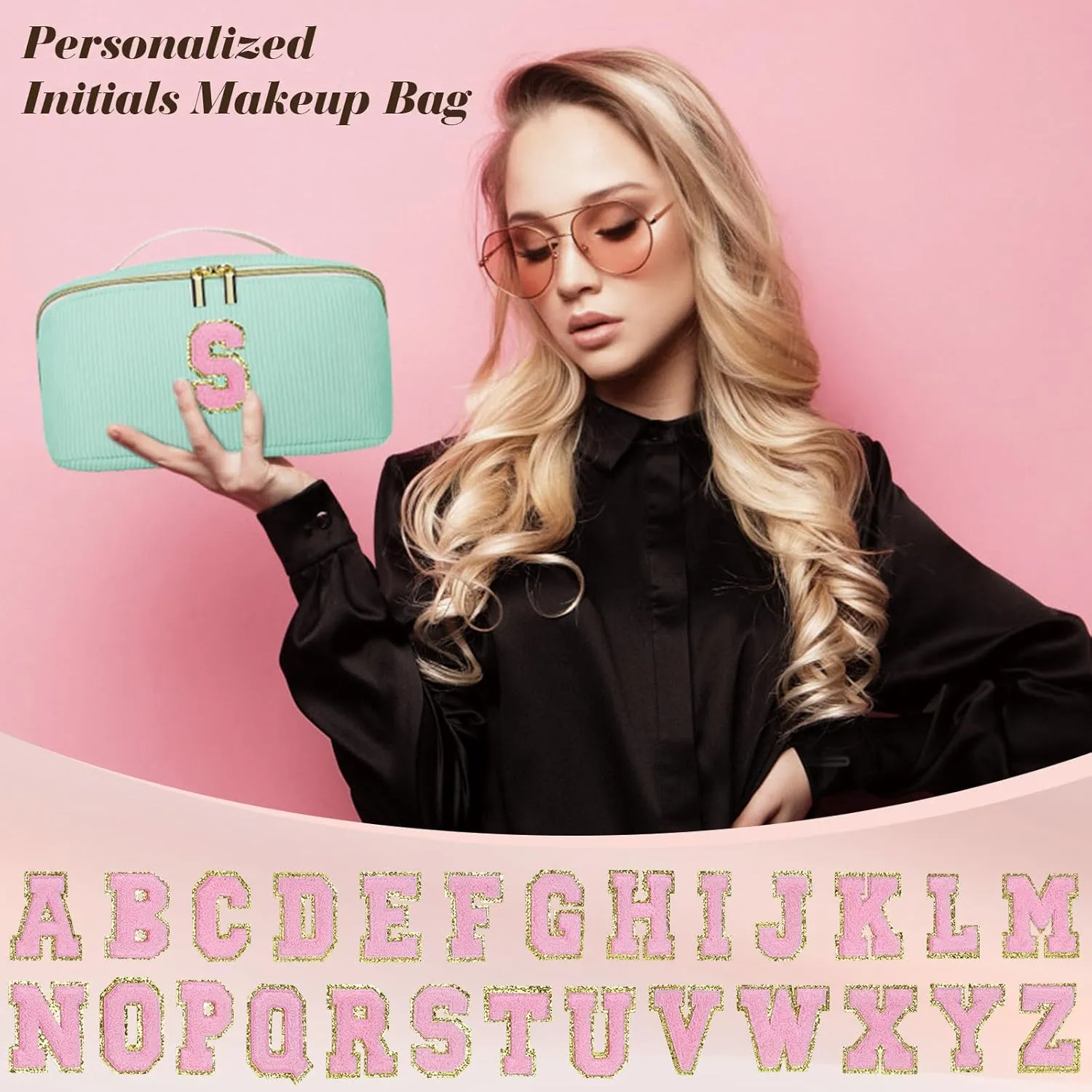 Gifts for Girls, Initial Travel Makeup Bag Women's Day Gift Make up Bag Cosmetic Bags Monther's Day Gifts, Personalized Stuff Bag Cute Makeup Bag Birthday Gifts for Women/Friend/Mother Green - Q