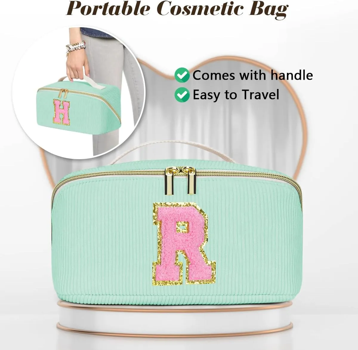 Gifts for Girls, Initial Travel Makeup Bag Women's Day Gift Make up Bag Cosmetic Bags Monther's Day Gifts, Personalized Stuff Bag Cute Makeup Bag Birthday Gifts for Women/Friend/Mother Green - Q