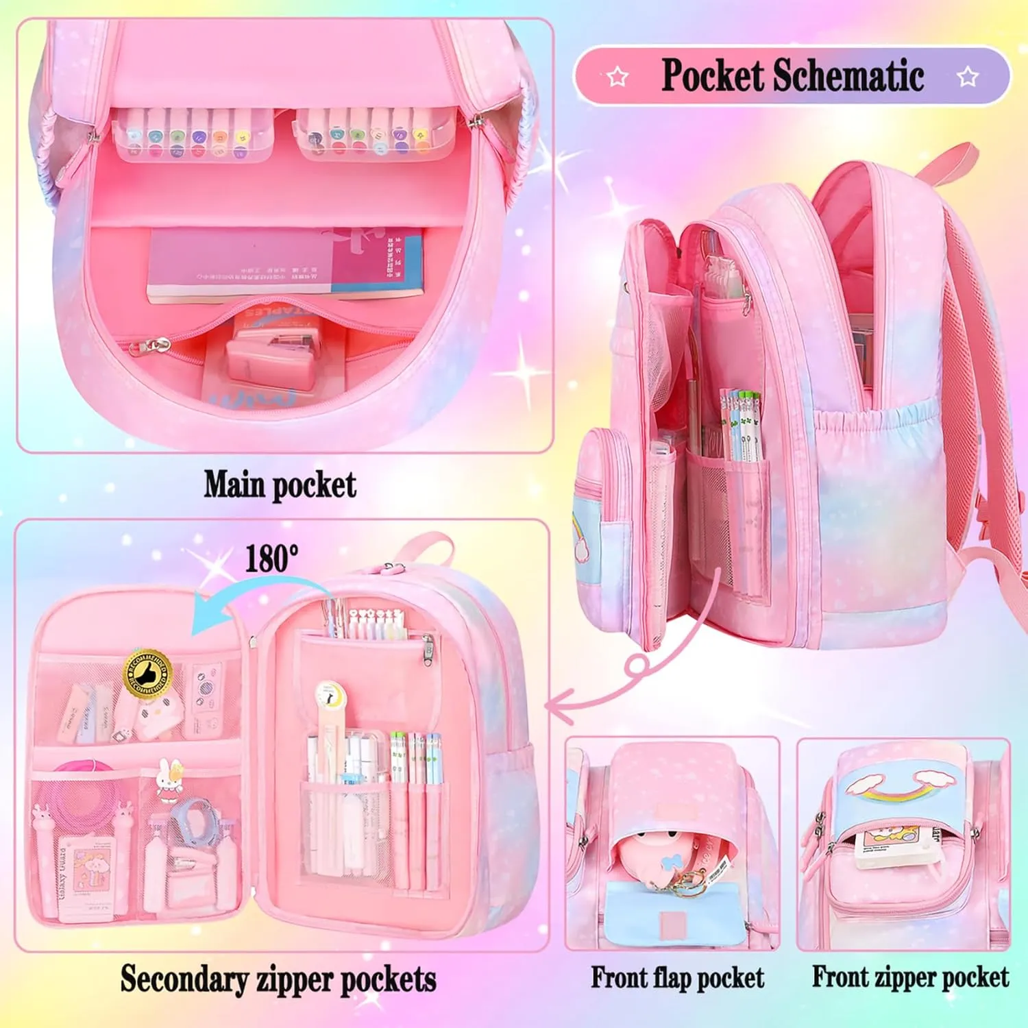 Girls Backpack Starry Rainbow Bookbag Cute Large Capacity Backpack Multifunction Fashion Casual Laptop Travel Bag For Girl (Blue-17inch)