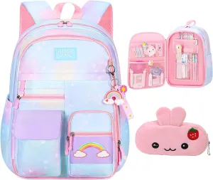 Girls Backpack Starry Rainbow Bookbag Cute Large Capacity Backpack Multifunction Fashion Casual Laptop Travel Bag For Girl (Blue-17inch)