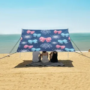 Glossy Bows Pattern Beach Canopy Tent Anti-UV & Wind Resistant, Camping Sun Shelter Easy Setup Portable,Outdoor Shade Tents with Sandbags,Sand Shovels,Ground Pegs & Stability Poles