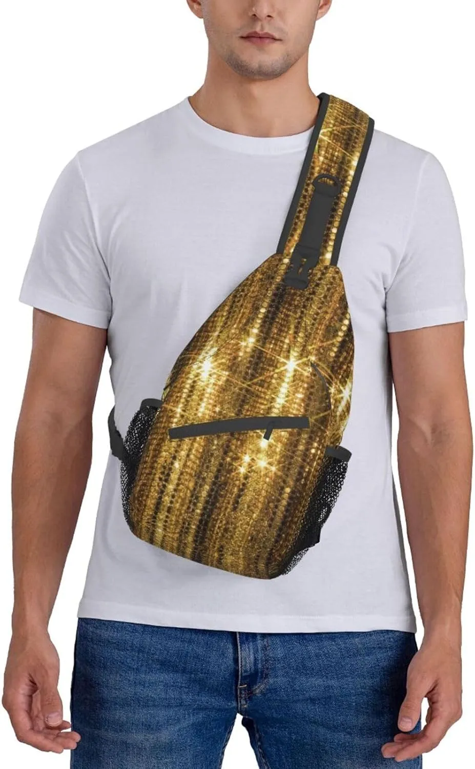 Gold Sequin Sparkle Versatile Travel Hiking Backpack-Perfect For Outdoor Cycling,Chest Shoulder Bag