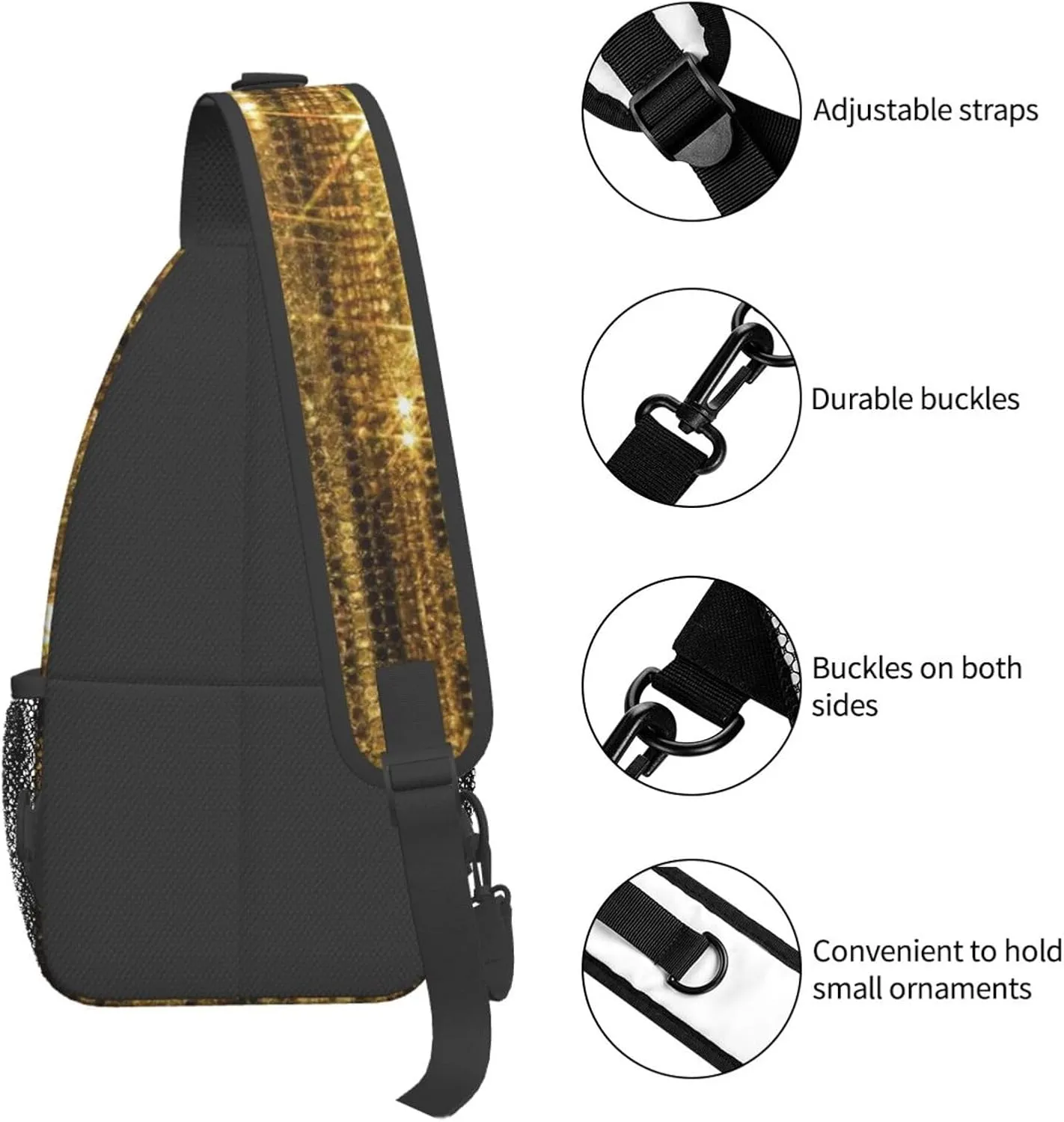 Gold Sequin Sparkle Versatile Travel Hiking Backpack-Perfect For Outdoor Cycling,Chest Shoulder Bag