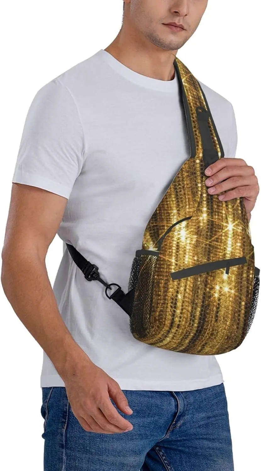 Gold Sequin Sparkle Versatile Travel Hiking Backpack-Perfect For Outdoor Cycling,Chest Shoulder Bag
