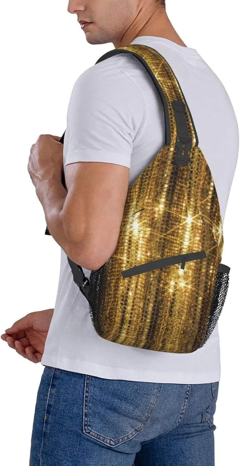 Gold Sequin Sparkle Versatile Travel Hiking Backpack-Perfect For Outdoor Cycling,Chest Shoulder Bag