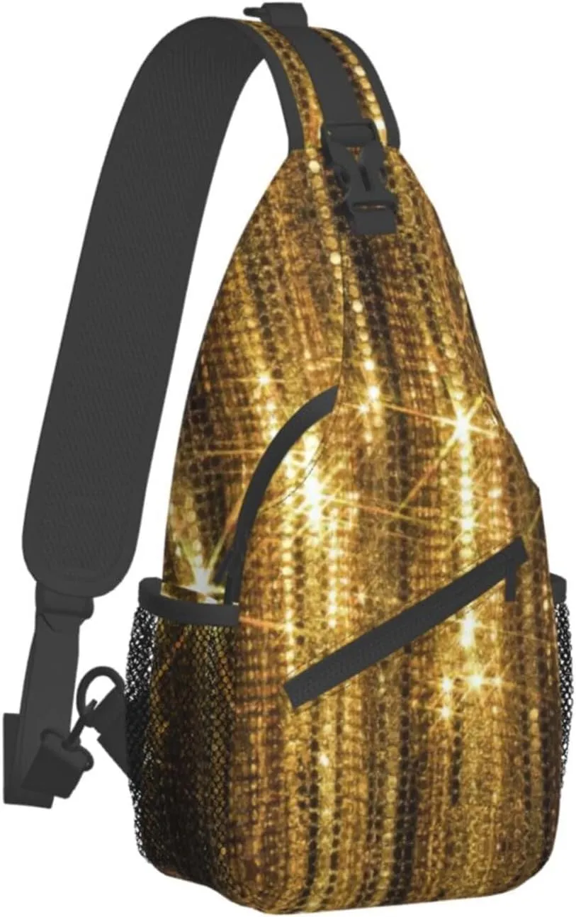 Gold Sequin Sparkle Versatile Travel Hiking Backpack-Perfect For Outdoor Cycling,Chest Shoulder Bag
