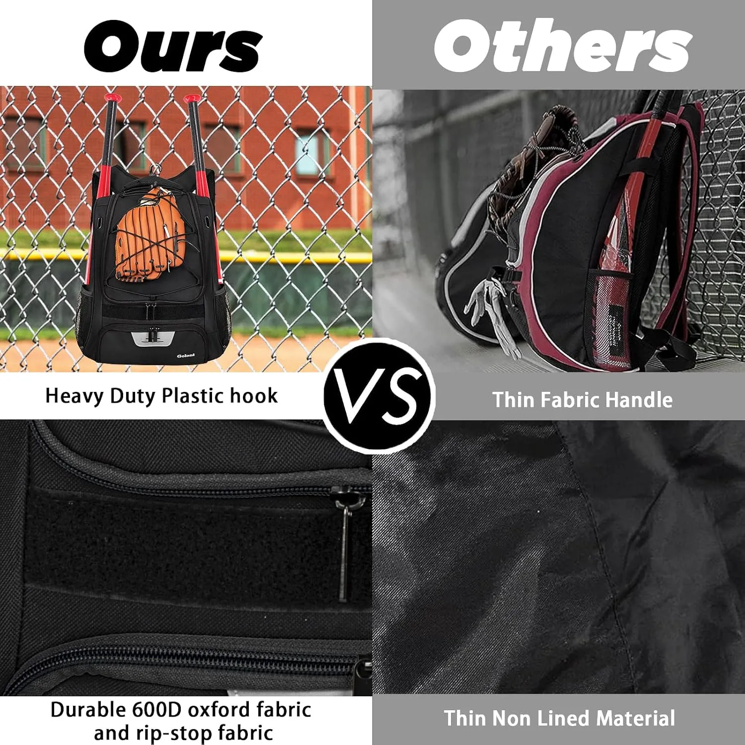 Goloni Baseball Bag,Backpack for Baseball, T-Ball & Softball Equipment & Gear,Softball Bag with Shoe Compartment,Fence Hook