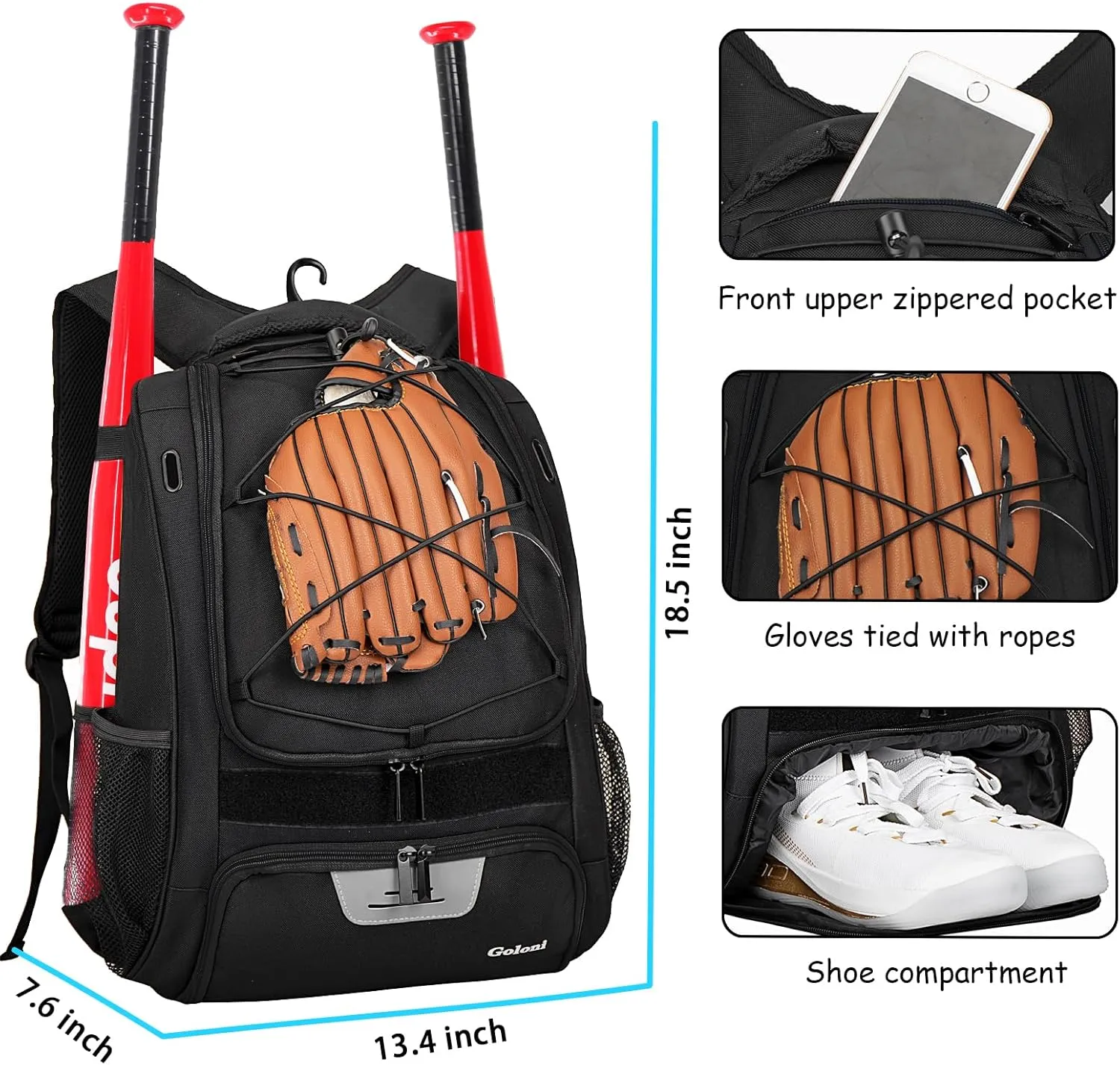 Goloni Baseball Bag,Backpack for Baseball, T-Ball & Softball Equipment & Gear,Softball Bag with Shoe Compartment,Fence Hook