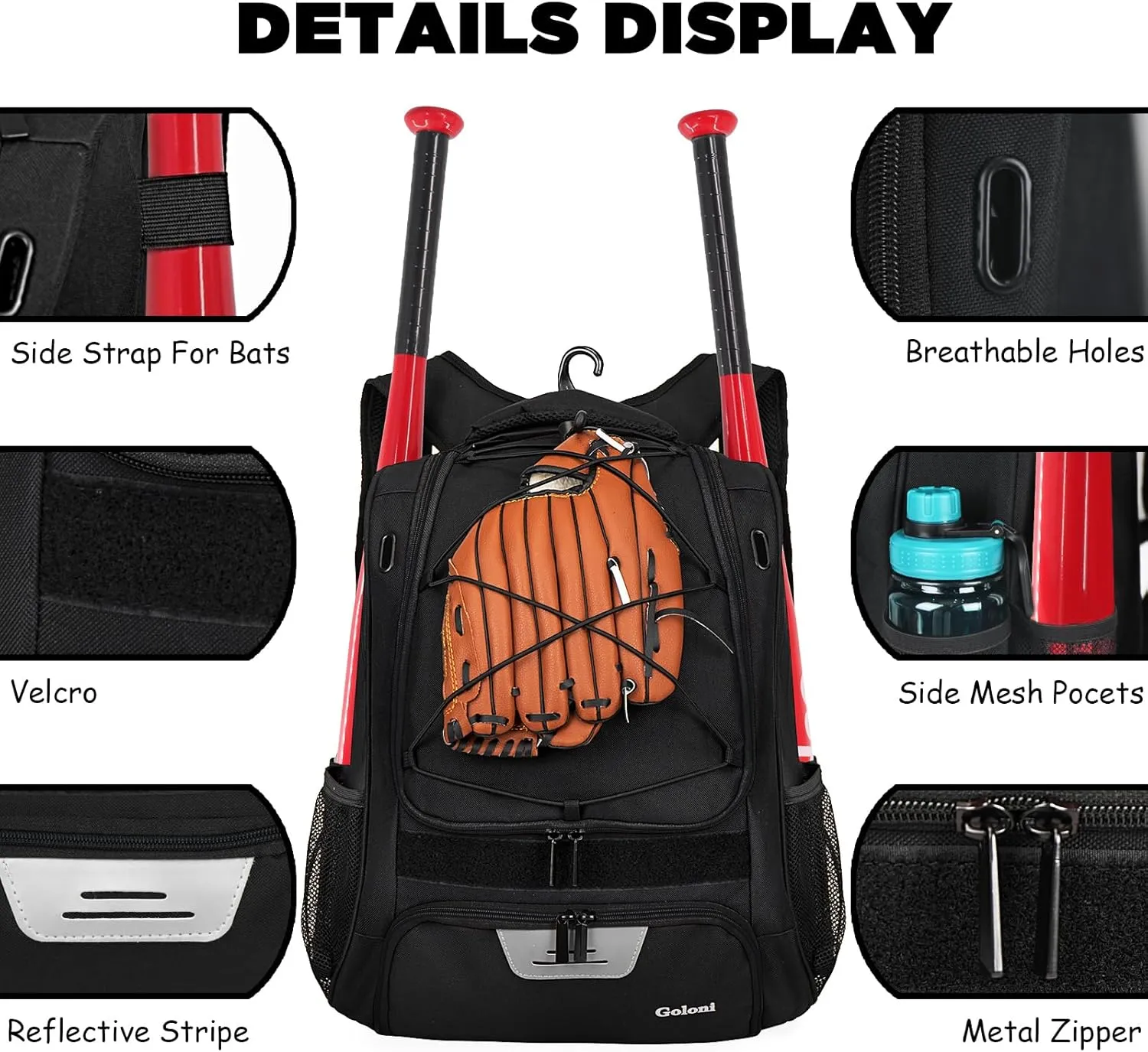 Goloni Baseball Bag,Backpack for Baseball, T-Ball & Softball Equipment & Gear,Softball Bag with Shoe Compartment,Fence Hook