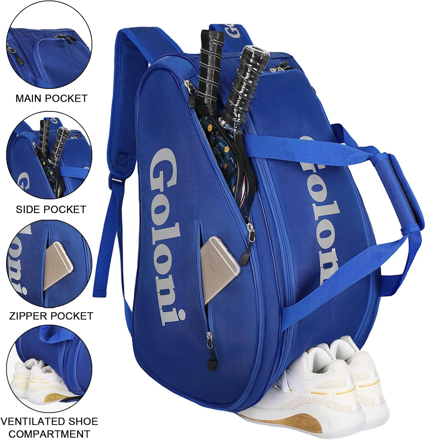Goloni Pickleball Bag Padel Racket Backpack Large Capacity for Men Women Separate Waterproof Shoes Compartment Pickleball Accessories - Include Fence Hook & Thermal Insulated Pockets