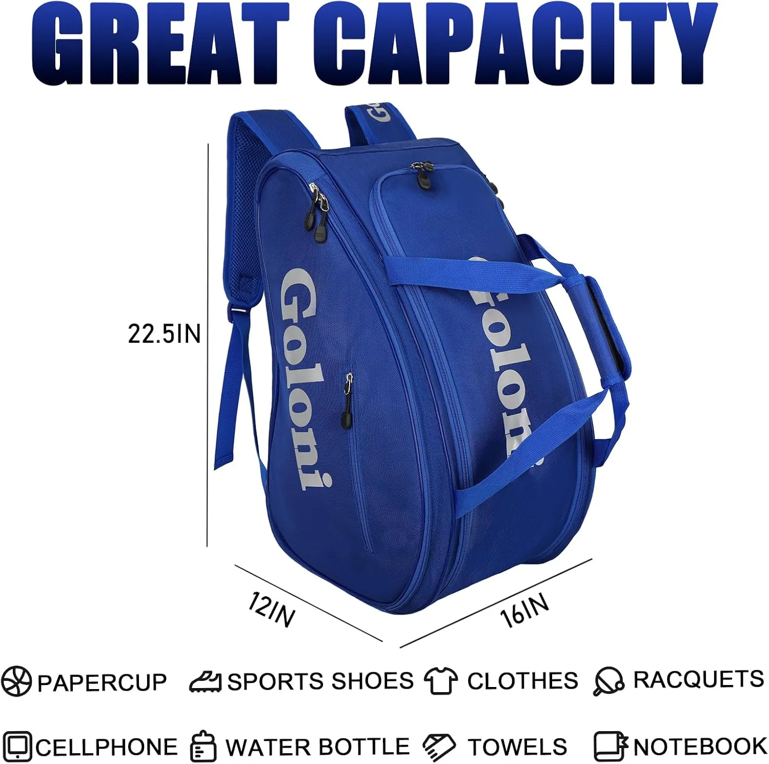 Goloni Pickleball Bag Padel Racket Backpack Large Capacity for Men Women Separate Waterproof Shoes Compartment Pickleball Accessories - Include Fence Hook & Thermal Insulated Pockets