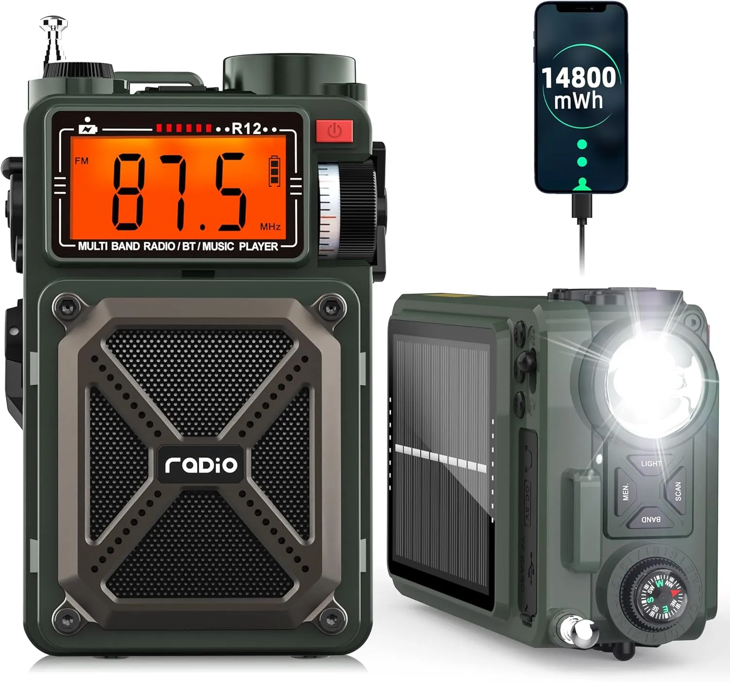 Greadio Portable Shortwave Radios with NOAA Weather Radio, 14800mWh Digital Radio AM FM with Bluetooth 5.4, Crank/Solar/USB Charging, Support USB/TF, Power Bank/SOS/Flashlight for Outdoor, Emergency