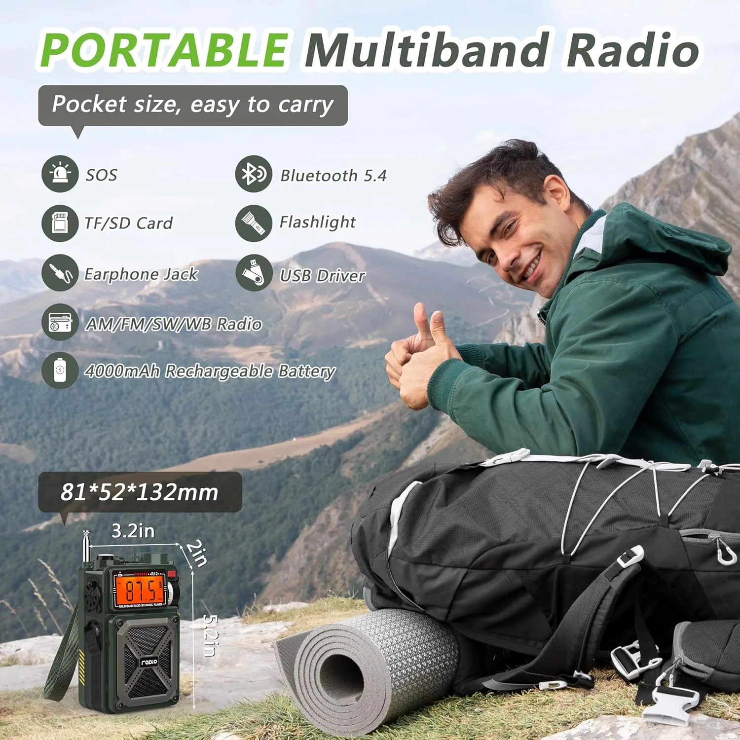 Greadio Portable Shortwave Radios with NOAA Weather Radio, 14800mWh Digital Radio AM FM with Bluetooth 5.4, Crank/Solar/USB Charging, Support USB/TF, Power Bank/SOS/Flashlight for Outdoor, Emergency