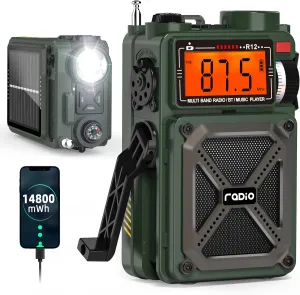 Greadio Portable Shortwave Radios with NOAA Weather Radio, 14800mWh Digital Radio AM FM with Bluetooth 5.4, Crank/Solar/USB Charging, Support USB/TF, Power Bank/SOS/Flashlight for Outdoor, Emergency