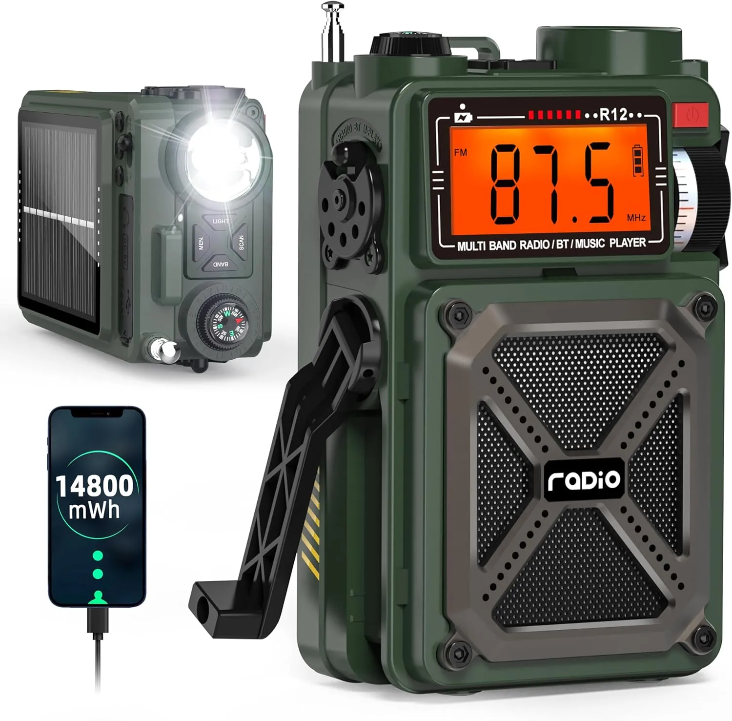 Greadio Portable Shortwave Radios with NOAA Weather Radio, 14800mWh Digital Radio AM FM with Bluetooth 5.4, Crank/Solar/USB Charging, Support USB/TF, Power Bank/SOS/Flashlight for Outdoor, Emergency