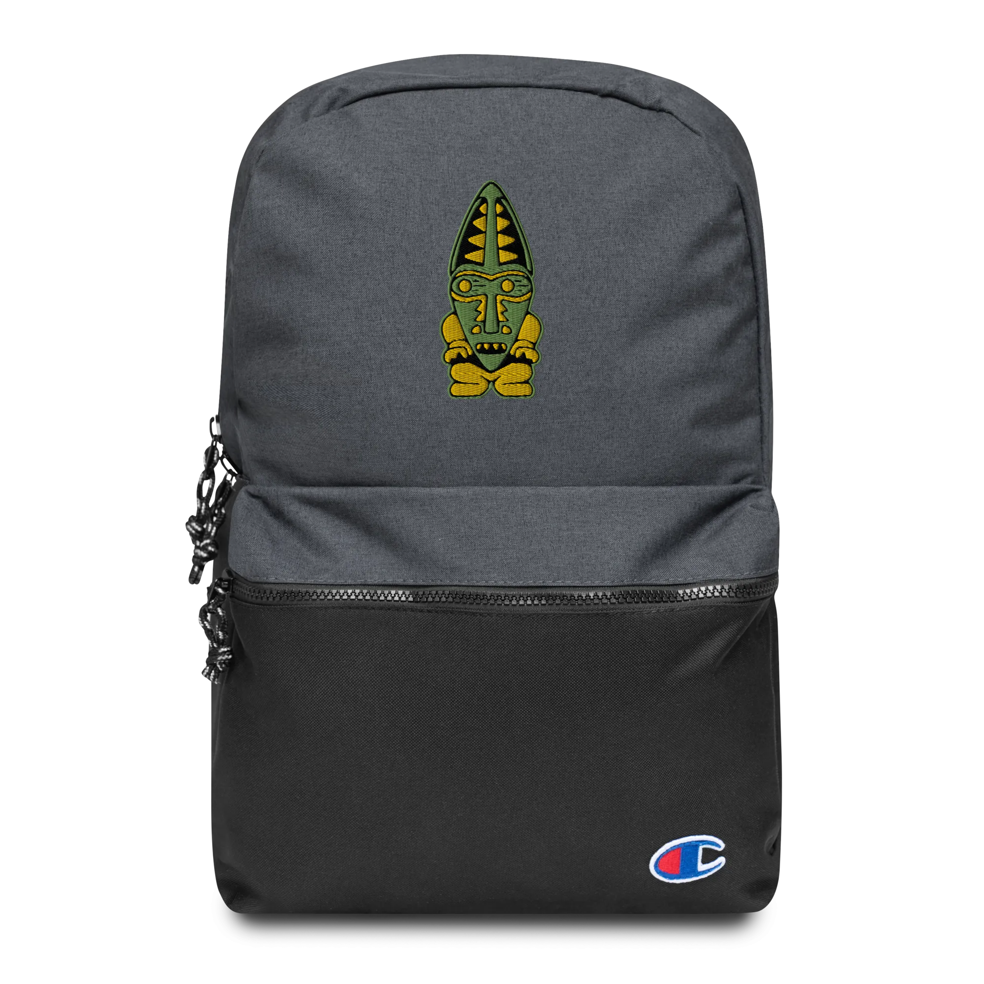 Green and Orange Tiki Embroidered Champion Backpack