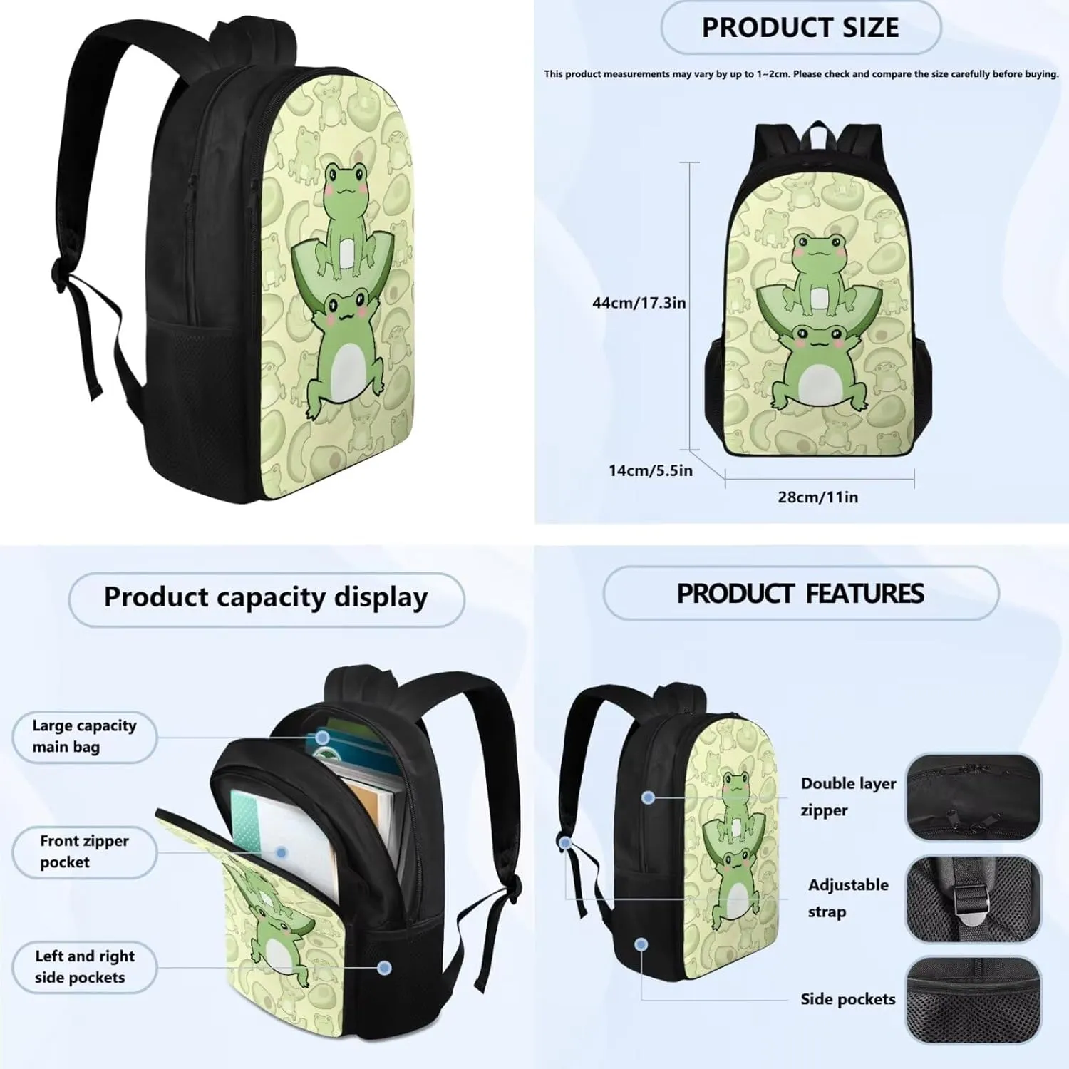 Green Frog Backpack for Girls 7Th 8Th School Bookbag with Pencil Case Rucksack for Teens Child Back To School 17 Inch Backpack 4Pcs Set Bookbag
