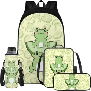 Green Frog Backpack for Girls 7Th 8Th School Bookbag with Pencil Case Rucksack for Teens Child Back To School 17 Inch Backpack 4Pcs Set Bookbag
