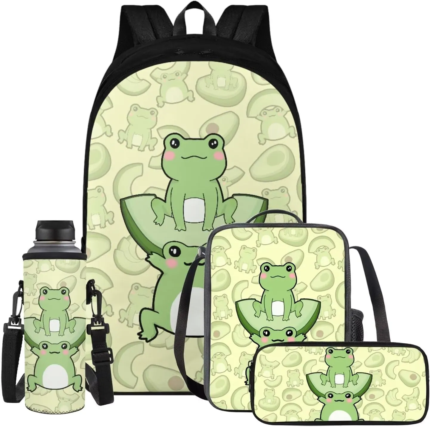 Green Frog Backpack for Girls 7Th 8Th School Bookbag with Pencil Case Rucksack for Teens Child Back To School 17 Inch Backpack 4Pcs Set Bookbag